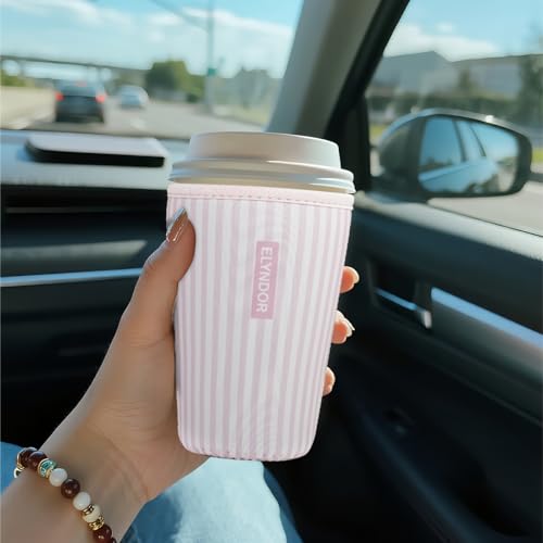 Image of Reusable Insulated Sleeve for Iced Coffee Cup, Coffee Neoprene Sleeve for Cold & Hot Drinks, Beverage Holder for Iced Coffee (Pink Stripes, Medium: 22-24oz)