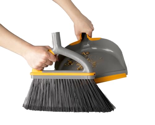 Casabella Ergo Broom & Dustpan Set Angled Broom with Replaceable Bristle Head & Hang Loop, 54-Inch, Gray