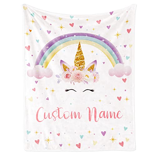 Image of Personalized Name Horse Blanket for Kid Girl Custom Rainbow Toddler Blanket