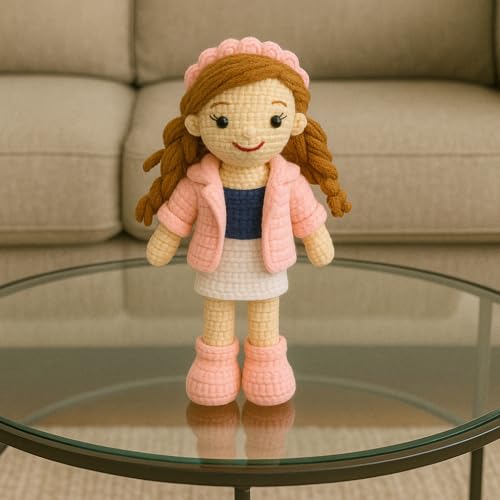 Image of Sutra Handmade Crochet Doll in Pink Jacket & White Skirt | Amigurumi Wool Plush Toy | Soft Gift for Kids, Nursery & Home Decor