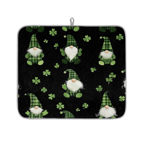 Axurera Tapete de secado de platos con diseño de gnomos del día de San Patricio irlandés en negro para encimera de cocina, tapete escurridor de platos absorbente, tapete lavable para escurridores de