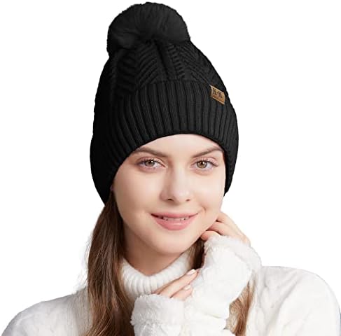 ECOMBOS Bobble Hat Women - Winter Hats for Women Warm Beanie Hats Knitted Wooly Hats Thermal Fleece Line Hat with Pom Pom for Ladies Outdoor Sports Ski