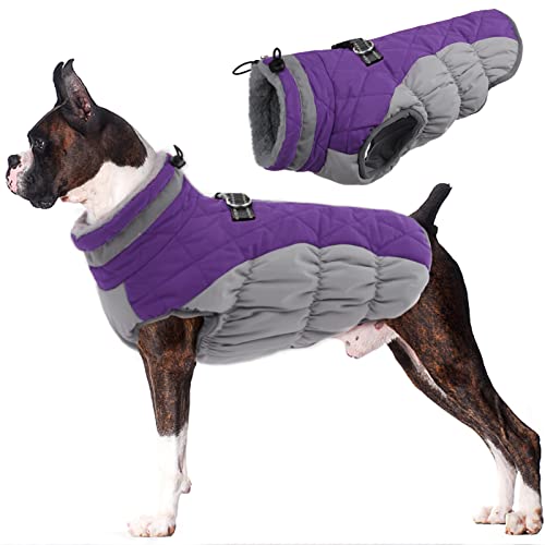 Image of LeLePet Warm Winter Coat, Fleece Dog Jacket with Harness, Reflective Turtleneck, Waterproof, for Small Medium Large Dogs | Reflective Pet Fleece Vest Zip-Up Cold Weather Coats for Medium Dogs Turtleneck & Windproof Padded Coats Dachshund Purple L