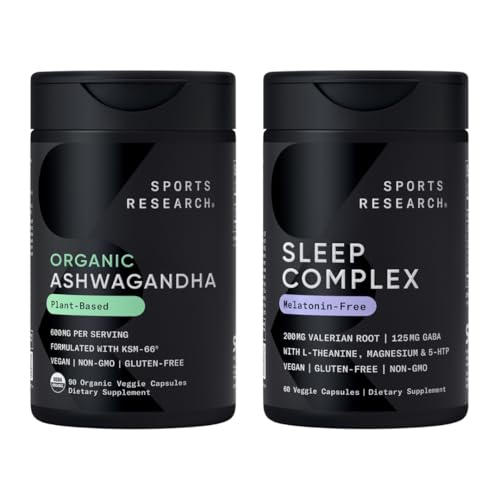 Sports Research Organic Ashwagandha 600mg with KSM-66, Melatonin-Free Sleep Complex, Vegan Capsules for Relaxation & Calm, 5-in-1 Formula