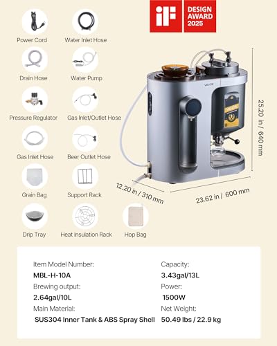 Image of VEVOR Automatic Home Beer Brewer, 1500W Electric Beer Brewing Machine, 3.43 Gal All-in-One Home Brewer with Mash Boil Device, 304 Stainless Steel Internal Tank, Auto Temperature & Pressure Control