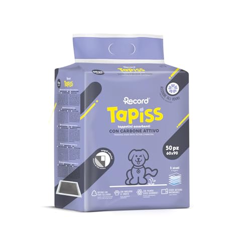Record Tapiss Tappetini per Cani Usa e Getta Ultra Assorbenti ai Carboni Attivi con Base Impermeabile. Traverse per cani con Pura cellulosa e Angoli Adesivi|Confezione 50 tappetini, Misure 60 x 90 cm