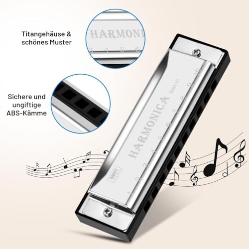 OFFCUP Mundharmonika, 10 Löcher Chromatic C-Dur Mit Aufbewahrungstasche - Harmonika für Kinder und Anfänger, Musikgeschenk - Silber