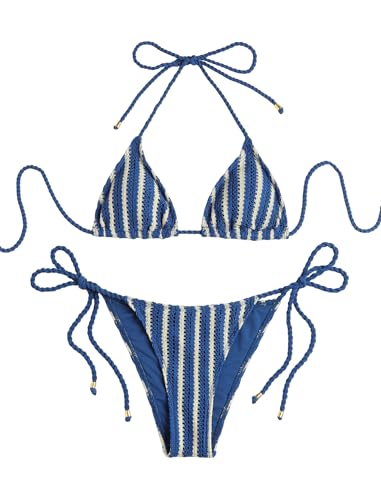 Image of ZAFUL 2 Piece Triangle Bikini for Women Knitted Rope Halter Bikini Sets Sexy Bathing Suit Side Tie Swimsuits Beachwear