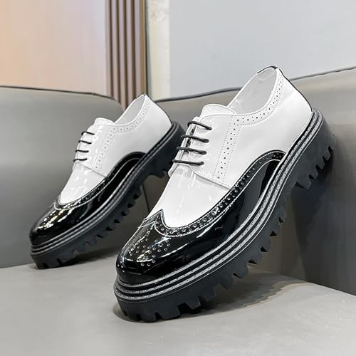 Men's Leather Lace up Platform Brogue Formal Oxford Shoes,Retro Lace up Color Matching Perforation Comfortable Round Toe Outdoor Party Wedding Night Club Height Increasing Loafers3