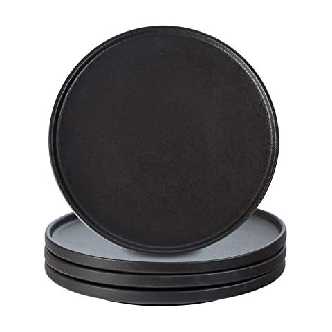 Lareina Dinner Plates, Scratch-resistant, 10.25 Inch Flat Ceramic Plate Set of 4, Porcelain Plates with Lipped Edge for Salad Steak in Kitchen Restaurant, Natural Primitive Texture (Cast Iron Black) Cover