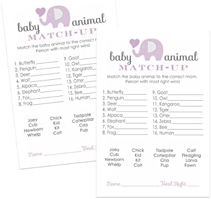 Paper Clever Party Purple Elephant Baby Animal Matching Game (25 Pack) Guess Activity Cards Guests Play for Prizes – Fun Match the Pair Activity for Birthday, Kids and Adults – 4x6 Printed Card Set