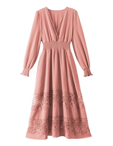 Women's Lace Maxi Dress Short Sleeve V Neck Party Dress Smocked Waist Boho Maxi Dress Bohemian Dress for Women