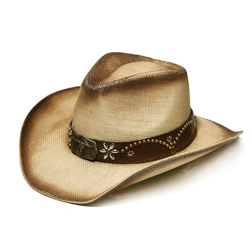 YOUBADU Western Straw Cowboy and Cowgirl Hats with Decorative Bands - Unisex Wide Brim Raffia Style Sun Hat (US, Alpha, One Size, Large, Gradient Brown)