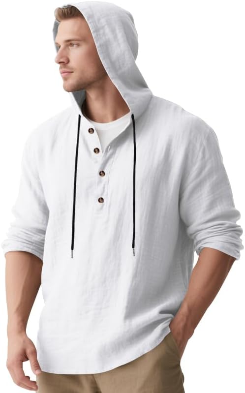 Mens Cotton Linen Hoodies Long Sleeve Button Down Shirts Casual Hawaiian Beach Yoga Sweatshirts - Image 4