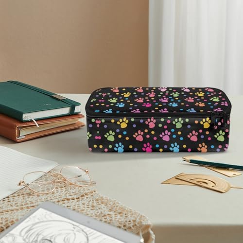 Image of Colorful Dog Paw Prints Pencil Case for Kids Large Penci Pouch,Wave Point Pencil Box for Boys Girls Daily Pencil Bag for Preschool Children Pencil Container for Students Teenagers