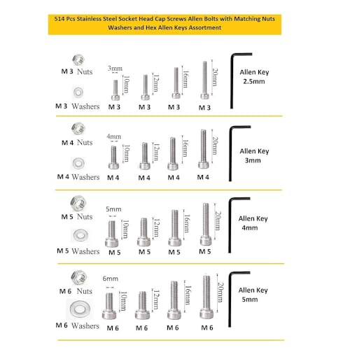 Image of Epi-Torque M3 M4 M5 M6 Stainless Alloy Steel 202 Grade Socket Head Cap Screws Nuts Allen Bolt Washer with Allen Keys Assortment Kit Set with Storage Box Pack of 514 Pcs