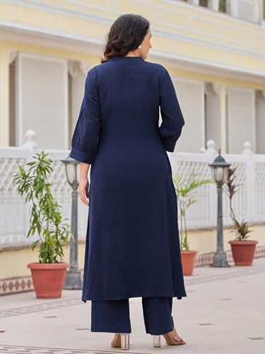Image of INDO ERA Women's's Pure Cotton Embroidered Kurta Women | Floral Neck & Hem Embroidery | Cotton Kurta Women |