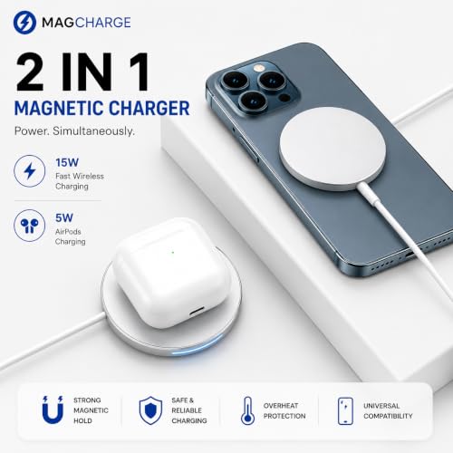 Image of Magnetic Wireless Charger for iPhone, 15W USB-C MagSafe Fast Wireless Charging Pad, Qi Compatible with iPhone 16 /16 Pro /16 Pro Max /16 Plus, 15 /14 /13 /12 Series (White)