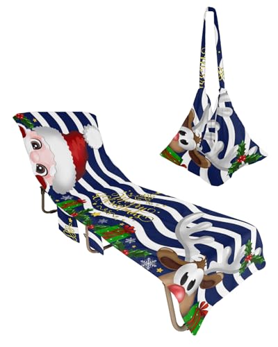 Blue Santa Christmas Beach Lounge Chair Towel Cover, Soft Chaise Lounge Towel with Side Pockets Patio Pool Chairs Cover for Beach/Pool Sunbathing 29x85 Xmas Elk Snowflake Red Moire Geometric