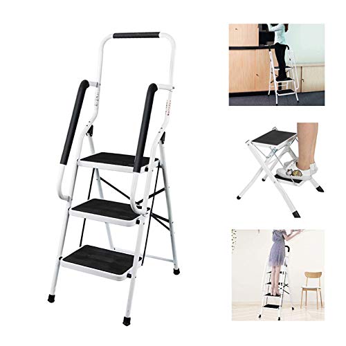 Huini Tritthocker 3 Stufen Trittleiter mit Handlauf Stahl Klapptritt Haushaltstritt Stehleiter Klappbar Stehleiter bis 150 kg für Zuhause/Küche/Büro Cover