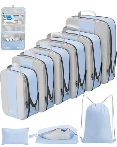 10 Set Compression Packing Cubes for Travel Essentials,Compressible Expandable Packing Cubes for Suitcase,OlarHike Luggage Organizer Bags for Travel,Handy Helper for Organizing Clothes(Light Blue)