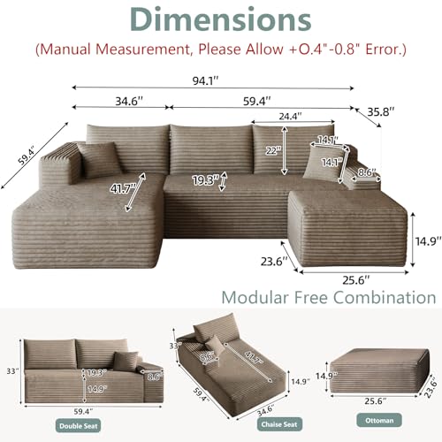 Image of 95 inch Modular Sectional Sofa with Ottoman, Modern Corduroy Cloud Couch with Deep Seat, Boneless Couch Upholstered 3-Seater U-Shaped Sofa for Living Room, No Assembly (Camel,Right-Facing Chaise)