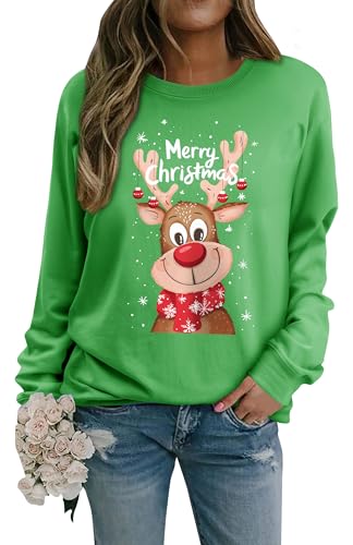 WIEIYM Felpa natalizia da donna con stampa grafica renna, maglia a maniche lunghe, unisex, pullover casual girocollo per donne/uomini, taglie S-XXL, 1 verde., XL