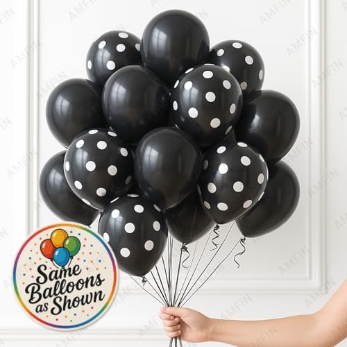 Image of AMFIN (Pack of 25) Polka Dot Black & Solid Latex Black Party Balloons - Birthday Wedding, Baby Shower, Anniversary, Graduation, Halloween, New Year Decorations