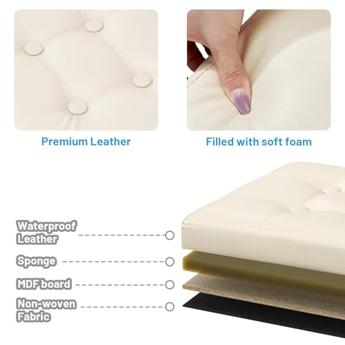 Image of Bsketa Storage Ottoman Bench,15 Inch Folding Leather Foot Rest Stool, Beige | Small Ottoman with Side Pockets, Thicker Foam Padded Seat, Livingroom, Dorm, Bedroom, Easy to install, 30L,15x15x15in