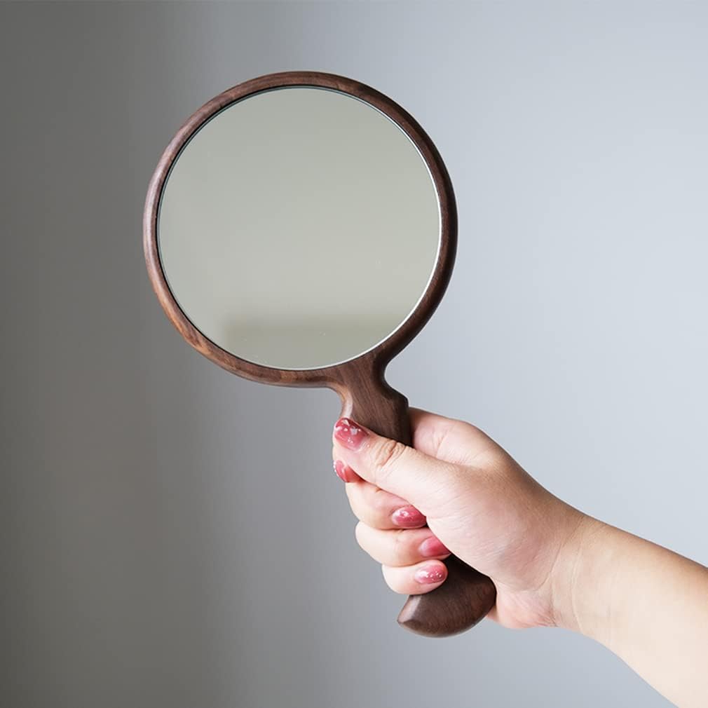 GMZ&KEHC Handheld Mirror Wood, Makeup Hand Mirror - Wooden Vintage Portable Compact Vanity Small Hanging Mirrors with Handle for Women Travel Bathroom, Tabletop,Brown