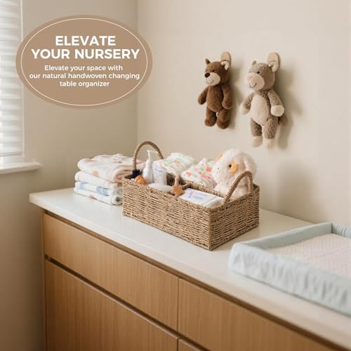 Klippehop Diaper Caddy Organizer, Hand Rattan Nursery Baby Basket Changing Table Organizer for Baby Essentials, Baby Shower Gifts, Versatile Shelf Basket Bathroom/Kitchen Organizer (Natural Beige, L) by Klippehop - Used condition - Image 2