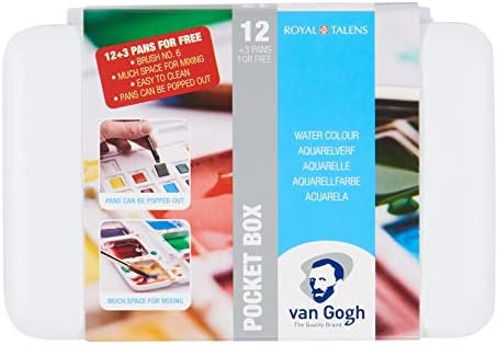 Vangogh Pack Of 12 Watercolors + 3 Pocket Box + Brush # 6 - Water Color Box Hp8631+3 - Artist Portable Watercolour Set Of 15 Colors