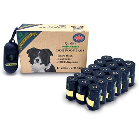 TAIL BLAZERS™ Quality Compostable Dog Poo Bags 270. Corn Starch Waste Bag Rolls for Dogs. Thick, Double Seal, Leak Proof. FREE Dispenser. Different from Biodegradable Poo Bag. Easy Tear Dog Poop Bags Cover