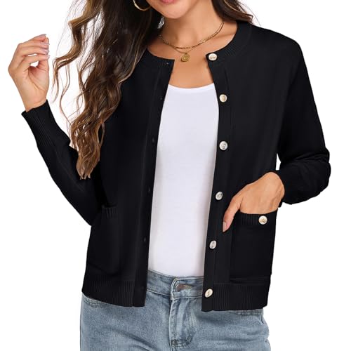 Oymyakon Women Button Down Cardigan Sweaters Long Sleeve Crew Neck Knit Sweater Lightweight Open Front Top Outwear Coat