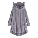 OPHPY Women'S Fleece Jackets & Coats, Womens Plus Size Fleece Jacket Lightweight Warm Sherpa Hoodie Sweater Slouchy Cozy Button Down Fuzzy Cardigan Tops Cute Fall Winter Coat with Ears Gray 5XL