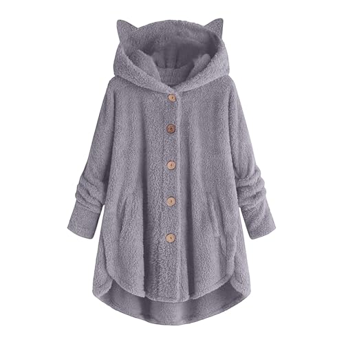 OPHPY Women'S Fleece Jackets & Coats, Womens Plus Size Fleece Jacket Lightweight Warm Sherpa Hoodie Sweater Slouchy Cozy Button Down Fuzzy Cardigan Tops Cute Fall Winter Coat with Ears Gray 5XL