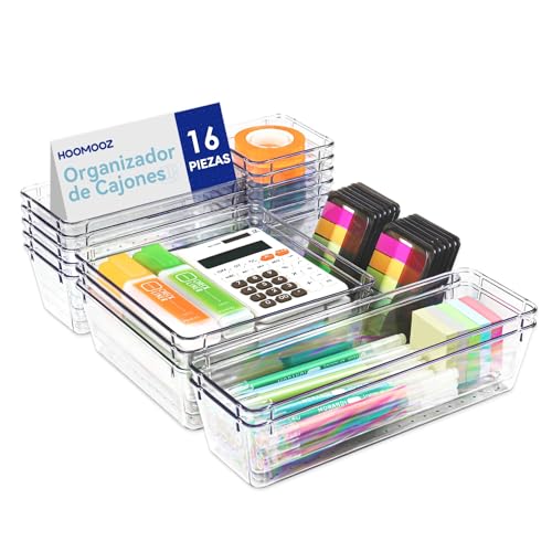 HOOMOOZ Organizadores de Cajones Set de 16, Separadores de Cajones de Escritorio Plástico, Bandejas de Almacenaje para Maquillaje, Joyas, Tools, Cocina, Dormitorio, Baño, Oficina