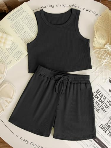 Image of NEW 6-14Y Tween Girls Stretchy Rib Knit Outfit Rayon Tank & Shorts Set Casual Lounge Playwear