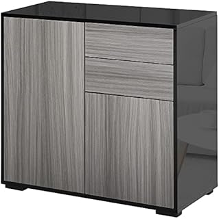 HOMCOM High Gloss Frame Sideboard Push-Open Design with 2 Drawer for Living Room, Bedroom, Light Grey and Black