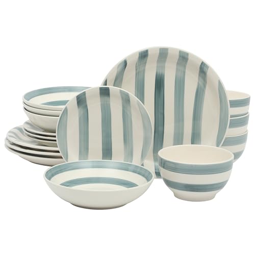 Gibson Home Kenwood Shores 16 Piece Dinnerware Set Blue Striped Hand-Painted Stoneware Dishes Plates and Bowls Service for 4 Microwave & Dishwasher Safe