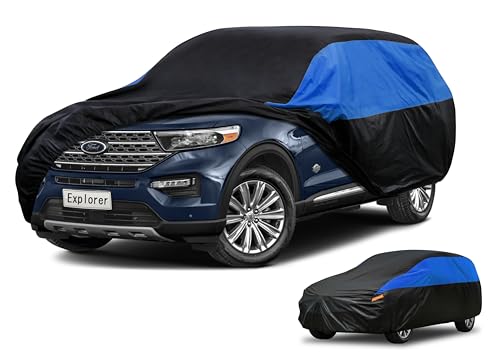 Image of GUNHYI Waterproof Lightweight SUV Full Car Cover Custom Fit Ford Explorer | All‑weather Outdoor sun /rain /dust /snow /wind /UV protection, breathable tear‑resistant fabric, black‑blue design, storage bag.