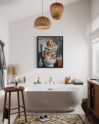 Image of Beagle on Toilet Black Framed Wall Art Print Poster, Dog Bathroom Humor Decor Posters Prints for Restroom Home Picture Painting Artwork Gallery 7 (Beagle, 10 inchL x 8 inchW, Black Frame)