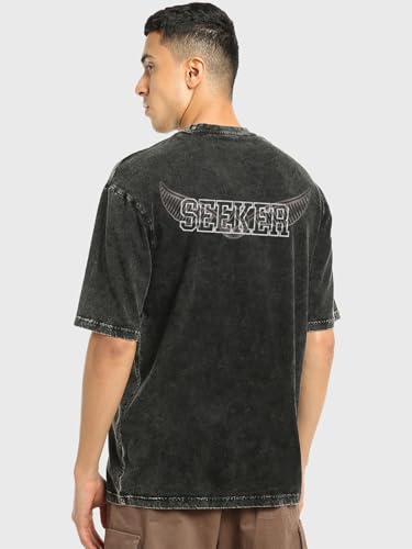 Image of Bewakoof Men's Solid 100% Cotton T-Shirt- Oversized Fit, Round Neck, Half Sleeves Black