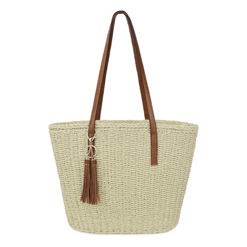 Image of Womens Large Straw Tote Bag Handmade Woven Shoulder Handbag Summer Beach Purse with Tassel