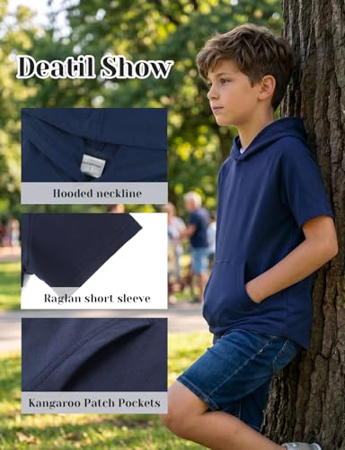 Image of Spring&Gege Boys Light Weight Short Sleeve Hoodie Casual Solid Pullover Hooded T-shirt with Pocket