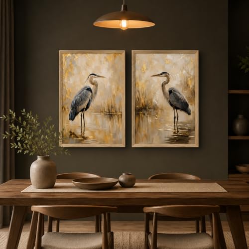 Image of Artify Set of 2 Heron Bird Wall Painting for Living Room Bedroom Hall Office Decor, Premium Wooden Synthetic Frame Beige Luxury Artwork Gift