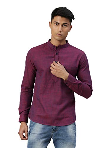 Image of KRYPTIC Men's Full Sleeve Regular Fit Short Kurta in Premium Pure Cotton with Patch Pocket and Mandarin Collar - Perfect Blend of Style and Comfort