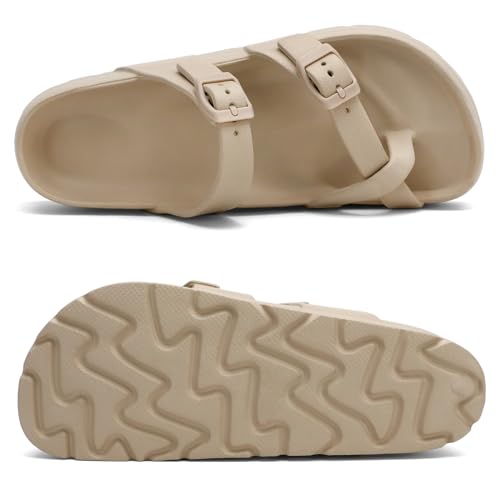SOSOWHLTE Beige Beach Sandals for Women Comfortable Cloud Slides with Arch Support Adjustable Double Buckle Flat Sandals Size 6.5-7 - Image 4