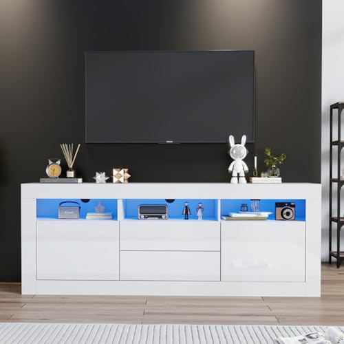 KOMHTOM Meuble TV 160 cm Longueur Blanc avec LED et Rangement Table Television Salon avec Deux...