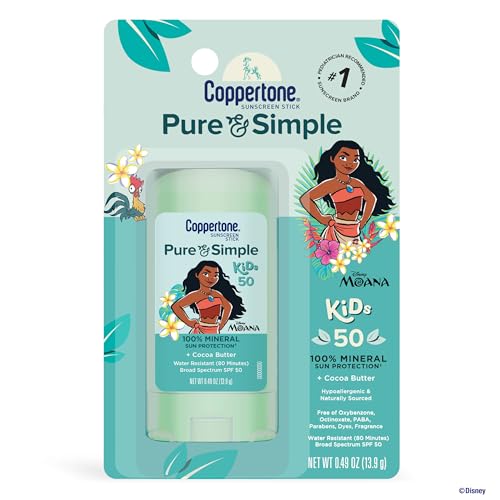 Coppertone Pure and Simple Kids Exclusive Disney Moana Sunscreen Stick SPF 50, Hypoallergenic, Mineral Sunscreen for Kids, Water Resistant, Oxybenzone and Octinoxate Free, 0.49 Oz Stick